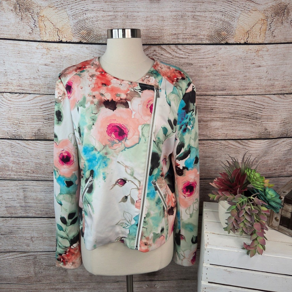 Piperlime Collection Floral Moto Jacket Womens Large Pink Teal Watercolor Zip